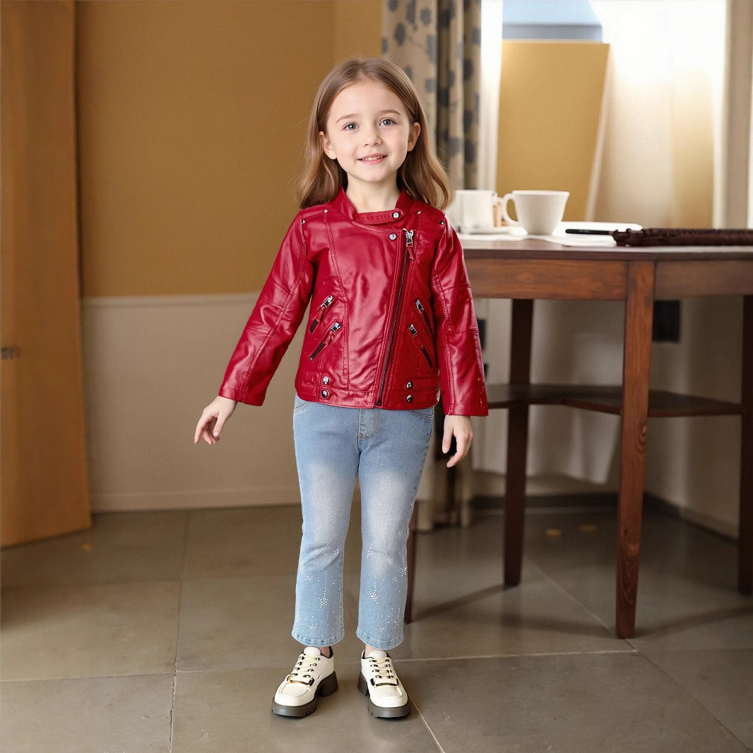 Photography Design - ティーンキッズストリート写真撮影着用 2-12Y 女の子クリスマスピンクレッドオートバイ Pu レザージャケット子供防水防風コート