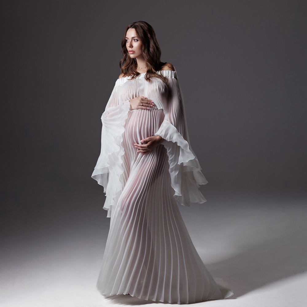 Photography Club - プリーツマタニティ写真撮影用ドレス ホワイトメッシュガウン 写真撮影用 ベルスリーブ 妊婦用 シースルーマキシドレス