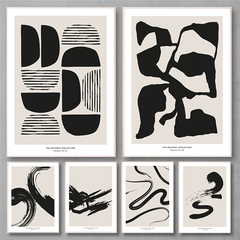 Photography Design - ミニマリストの絵画ストローク抽象的な壁アートプリント黒とベージュの線の落書きポスターミッドセンチュリーブラシ幾何学的な絵の装飾