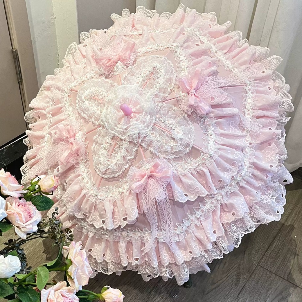 手作りのピンクの花柄ハート型レースパラソル ミニ西洋風装飾傘 - Photography Umbrella のレビューと価格